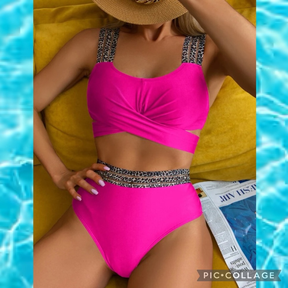 Barbiecore Hot Pink Leopard Trim Cross Wrap Top High Waist Bikini Size Large - Picture 4 of 5